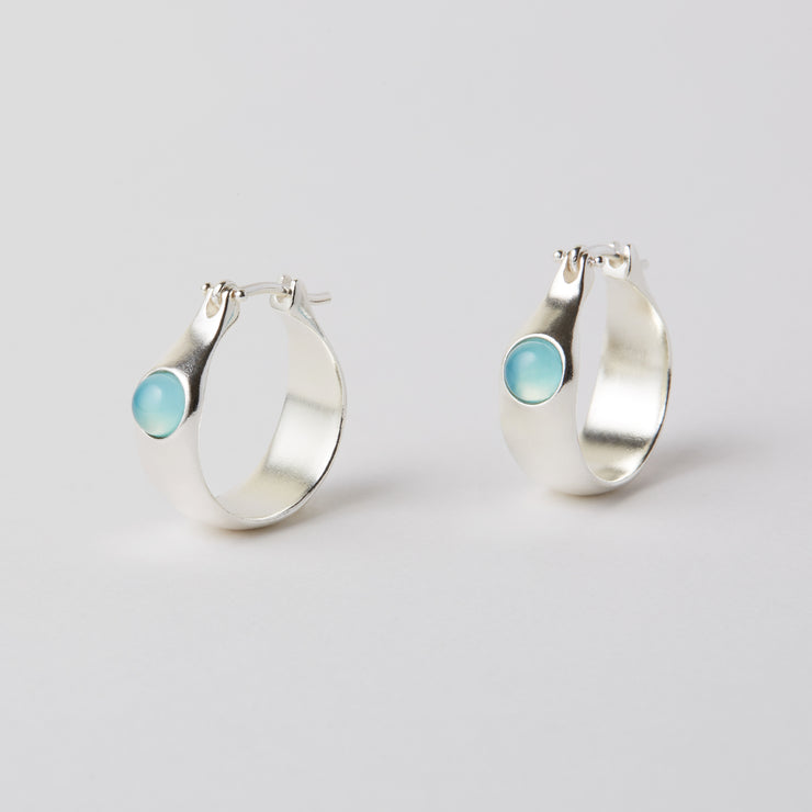 small silver hoops with chalcedony (light blue stone) 