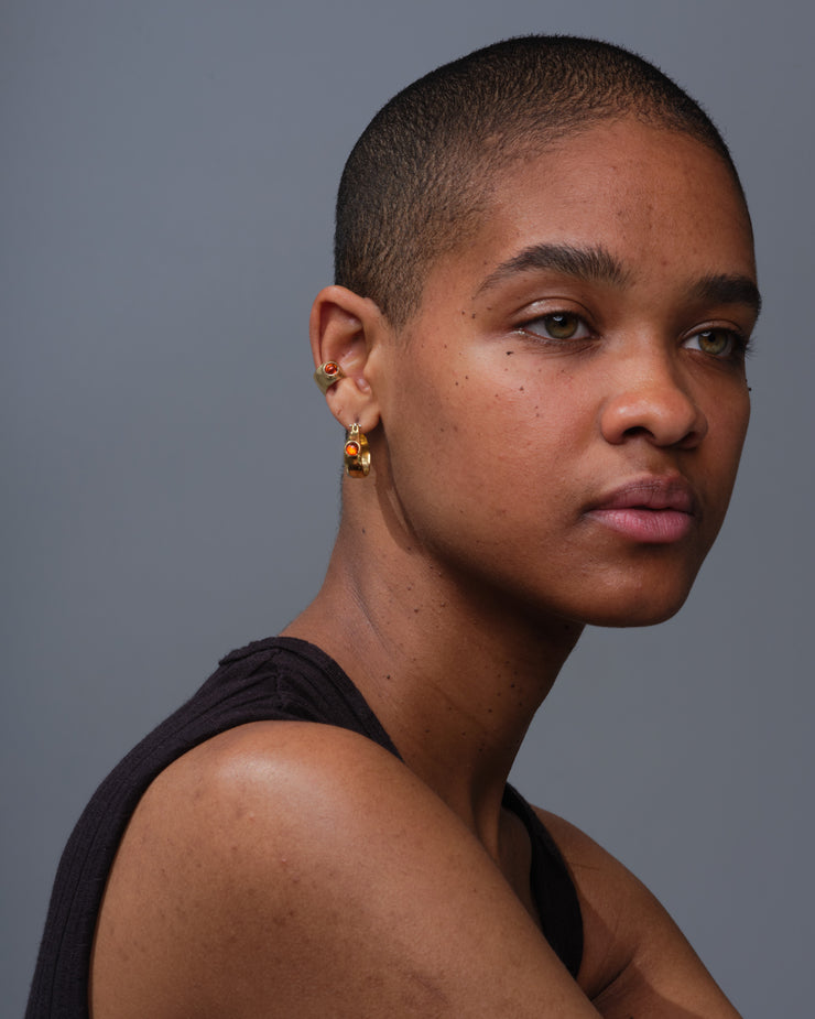 picture of model with ear gem cuff and gem hoops