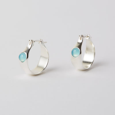 small silver hoops with chalcedony (light blue stone) 